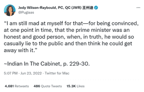 L'ancienne ministre de la Justice Jody Wilson-Raybould s'est exprimée sur l'affaire Lucki la semaine dernière sur Twitter.  En 2019, c'est Wilson-Raybould qui a révélé une tentative du premier ministre Justin Trudeau d'influencer l'issue d'une affaire de corruption impliquant la firme d'ingénierie SNC-Lavalin.