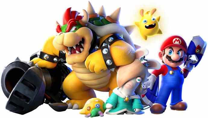 Quelques personnages de Mario + Rabbids Sparks of Hope sont présentés : Mario, Bowser, Rabbid Rosalina et une Spark.