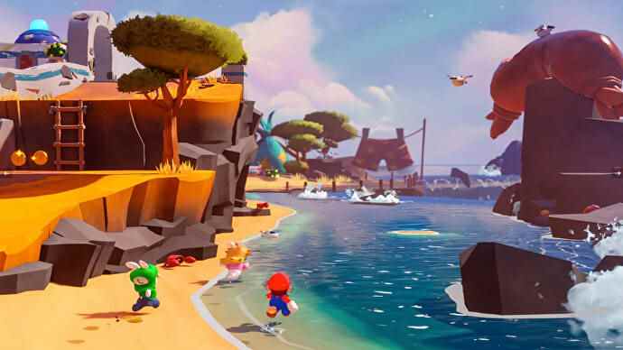 Mario, Rabbid Peach et Rabbid Luigi courent le long d'une plage dans Mario + Rabbids Sparks of Hope.