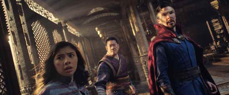 (L-R): Xochitl Gomez as America Chavez, Benedict Wong as Wong, and Benedict Cumberbatch as Dr. Stephen Strange in Marvel Studios' DOCTOR STRANGE IN THE MULTIVERSE OF MADNESS. Photo courtesy of Marvel Studios. ©Marvel Studios 2022. All Rights Reserved.