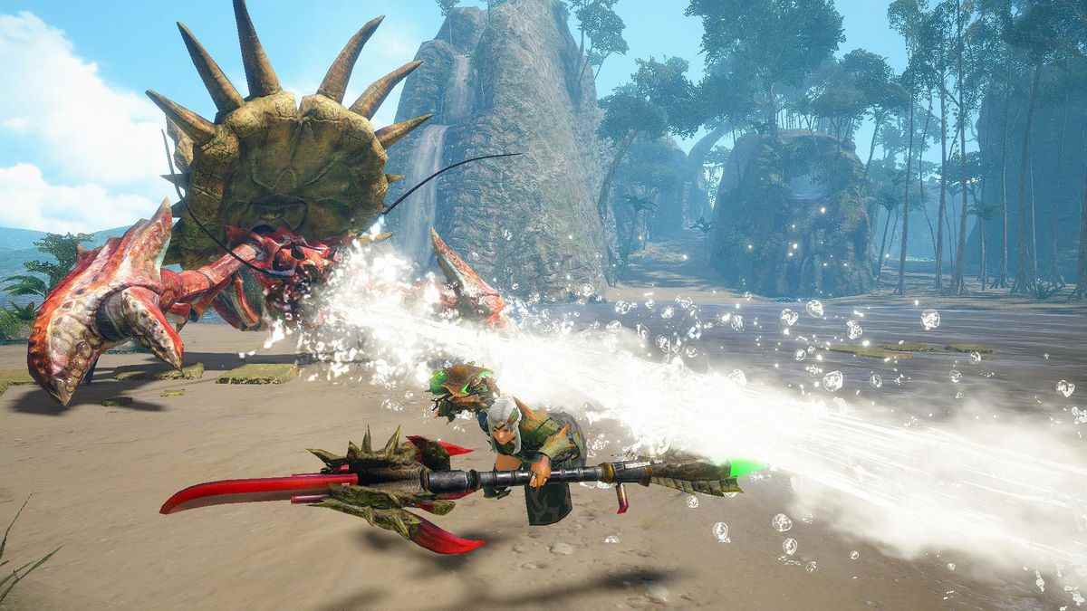 Un Daimyo Hermitaur fait exploser un rayon d'eau sur un chasseur dans Monster Hunter Rise: Sunbreak