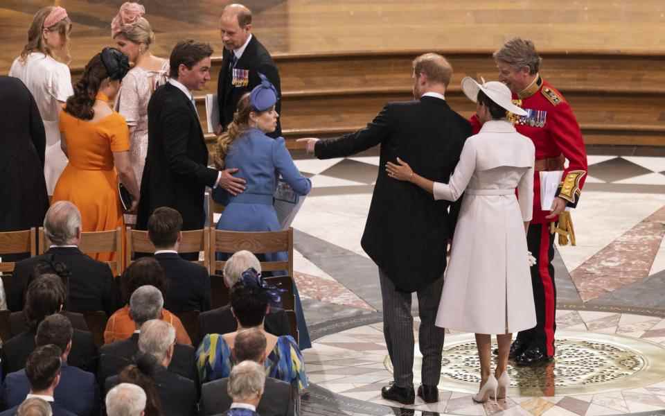 Le duc de la duchesse de Sussex, vu ici assister à un service d'action de grâce pendant le jubilé de platine de la reine, a fait profil bas lors de sa visite en Grande-Bretagne - Dan Kitwood/Getty Images