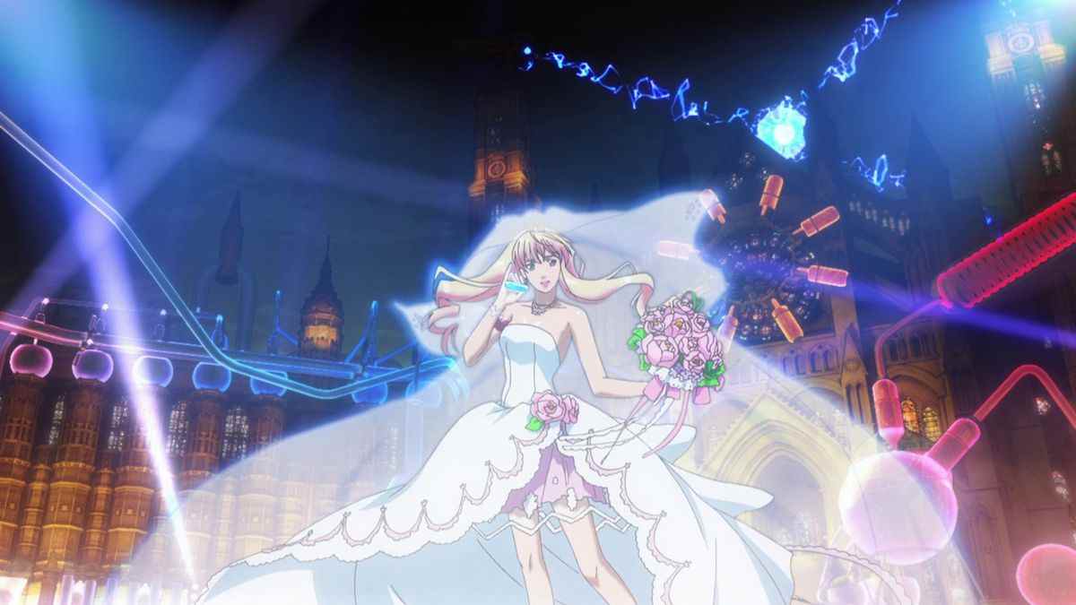 Une idole dans une tenue élaborée ressemblant à une robe de mariée sous les projecteurs dans Macross Frontier: The Wings of Farewell 