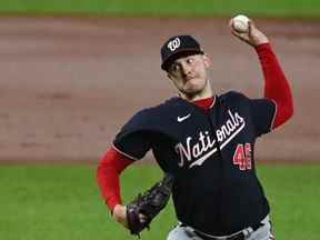 22 juin 2022 ;  Baltimore, Maryland, États-Unis ;  Le lanceur partant des Nationals de Washington Patrick Corbin (46 ans) lance un lancer de première manche contre les Orioles de Baltimore à Oriole Park à Camden Yards.