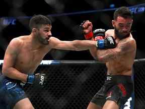 Julio Arce décroche un coup de poing contre Dan Ige dans leur combat poids plume lors de l'UFC 220 au TD Garden le 20 janvier 2018 à Boston, Massachusetts.