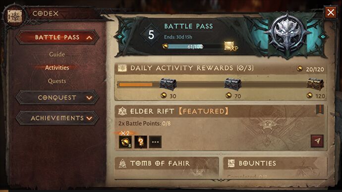 L'onglet des activités et des récompenses quotidiennes pour le Battle Pass de Diablo Immortal