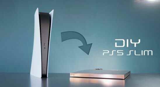 DIY PS5 Slim cache une brique de refroidissement par eau derrière un meuble TV, fond presque