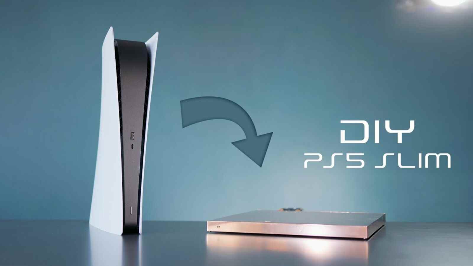 DIY PS5 Slim cache une brique de refroidissement par eau derrière un meuble TV, fond presque

