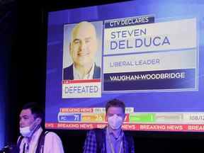 Un écran de télévision lors de la soirée de veille électorale du Parti PC de Doug Ford montre que le chef libéral de l'Ontario, Steven Del Duca, a été défait dans sa circonscription, le 2 juin 2022.