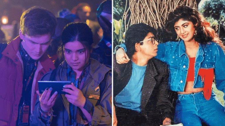 Side-by-side images of two teens looking at a mobile device (still from "Ms. Marvel") and a movie poster featuring a man holding a revolver and wearing sunglasses with the faces of two women pictured in them (promotional poster for "Baazigar").