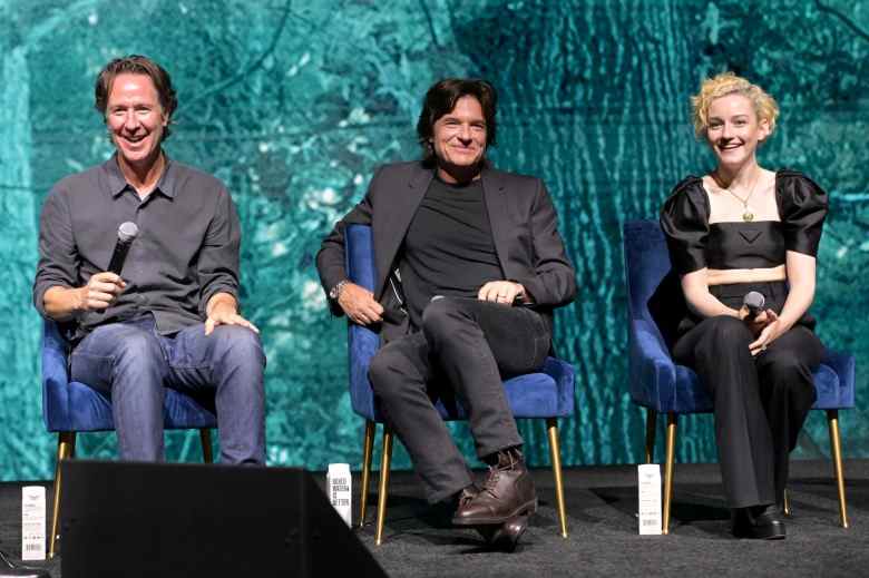 LOS ANGELES, CALIFORNIA - JUNE 05: (L-R) Chris Mundy, Jason Bateman and Julia Garner speak onstage at FYSEE Ozark ATAS Official with Netflix at Raleigh Studios Hollywood on June 05, 2022 in Los Angeles, California. (Photo by Charley Gallay/Getty Images for Netflix)