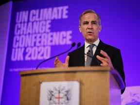 Mark Carney s'exprimant lors de la Conférence des Nations Unies sur les changements climatiques 2020 (COP26) au Guildhall le 27 février 2020 à Londres, en Angleterre.