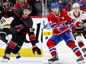 L'attaquant des Hurricanes de la Caroline Jesper Kotkaniemi, à gauche, et Nick Suzuki des Canadiens de Montréal, à droite, sont les joueurs actuels de la LNH les plus chers sur Cameo.