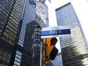 Un panneau « Bay Street » dans le quartier financier de Toronto.