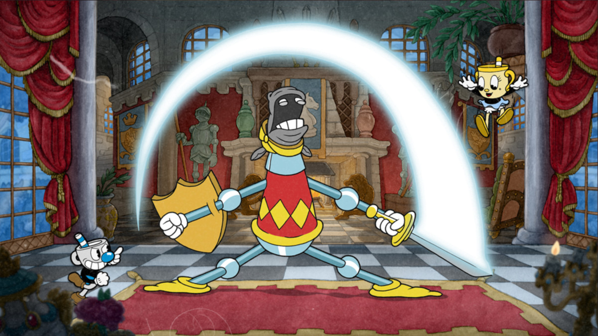 Un grand cheval habillé en chevalier combat Cuphead et Mme Chalice dans une salle du trône.