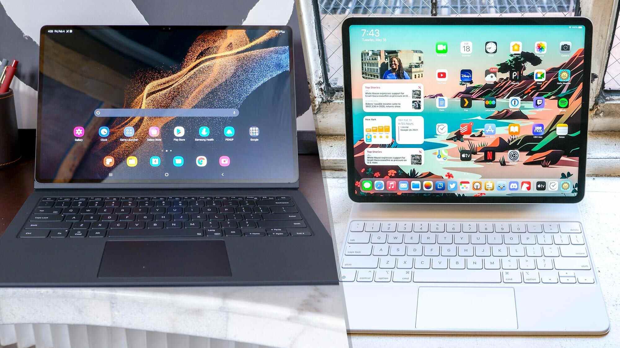 Samsung Galaxy Tab S8 Ultra contre iPad Pro 2021 dans une image de composition qui donne l'impression qu'ils se font face