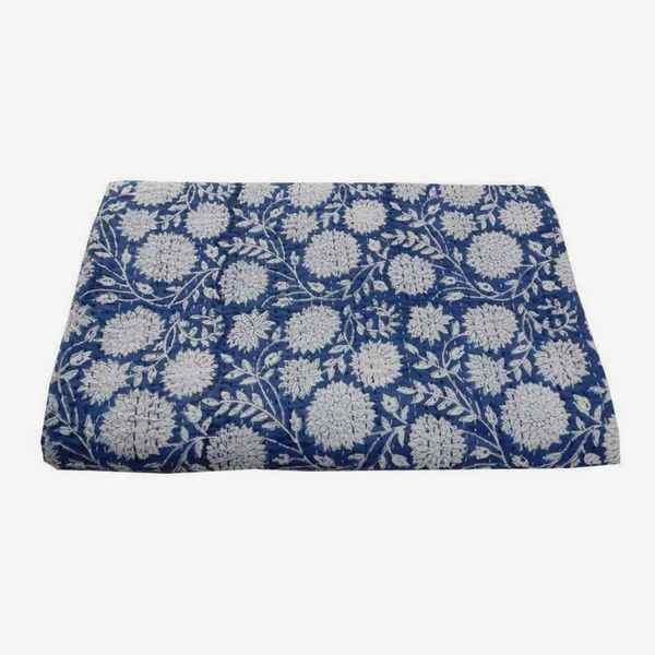 TheHandmadeIndia Couette Kantha en pur coton à motif floral bleu indigo