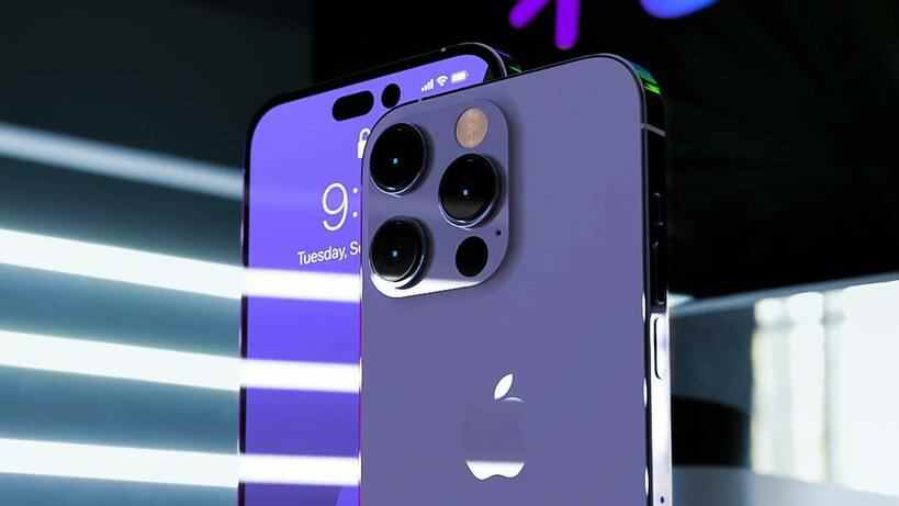 Un rendu non officiel de l'iPhone 14 Pro de l'avant et de l'arrière, en violet