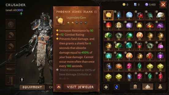 Diablo Immortal Legendary Gems : Le menu d'équipement pour un croisé de niveau 60, avec la gemme légendaire 5 étoiles, Phoenix Ashes, sélectionnée dans l'inventaire.