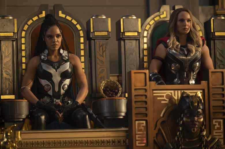 (L-R): Tessa Thompson as Valkyrie and Natalie Portman as Mighty Thor in Marvel Studios' THOR: LOVE AND THUNDER. Photo by Jasin Boland. ©Marvel Studios 2022. All Rights Reserved.