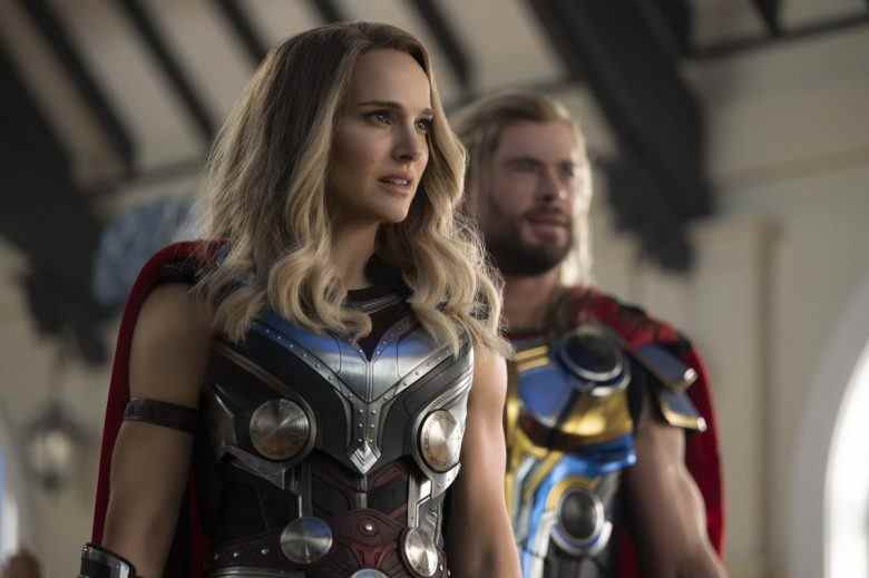 (L-R): Natalie Portman as Mighty Thor and Chris Hemsworth as Thor in Marvel Studios' THOR: LOVE AND THUNDER. Photo by Jasin Boland. ©Marvel Studios 2022. All Rights Reserved.