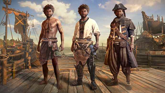 Trois versions du même personnage dans Skull And Bones, portant des vêtements de pirate de plus en plus impressionnants