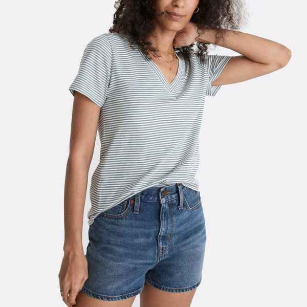 T-shirt Madewell Whisper à col en V en coton Lighton Stripe