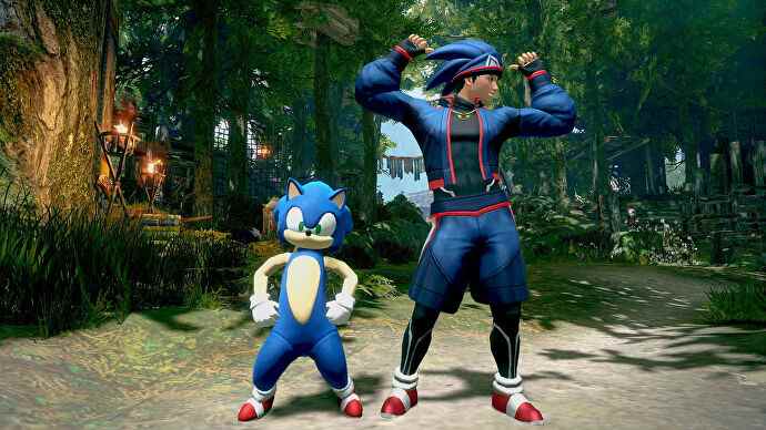 Tenues croisées de Sonic the Hedgehog dans une capture d'écran de Monster Hunter Rise.