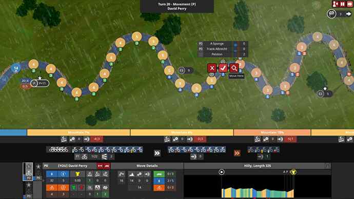 Une vue plongeante d'une course cycliste en montée exténuante dans une capture d'écran de The Cyclist: Tactics.