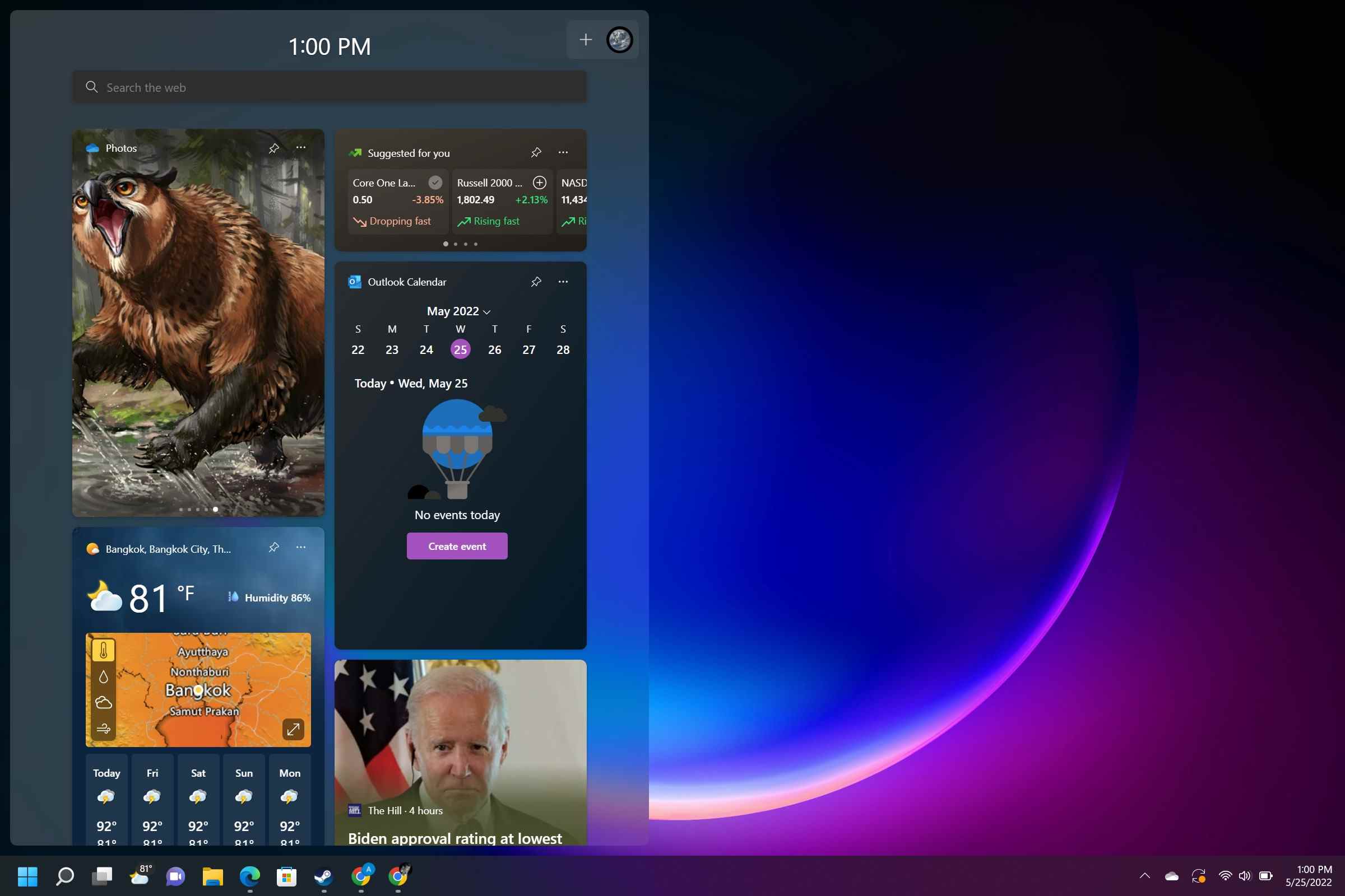 Bureau Windows 11 affichant le menu des widgets ouvert