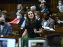 La vice-première ministre et ministre des Finances Chrystia Freeland se lève pendant la période des questions à la Chambre des communes sur la Colline du Parlement à Ottawa le jeudi 23 juin 2022.