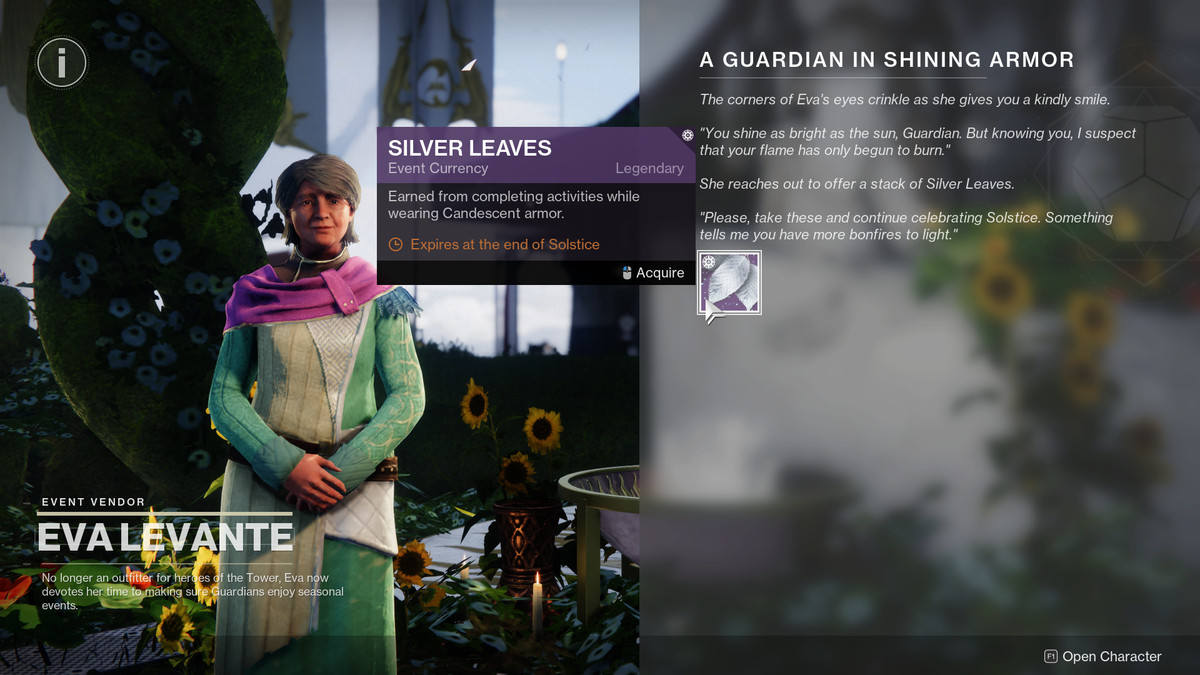 Eva Levante offre des feuilles d'argent au joueur dans Destiny 2