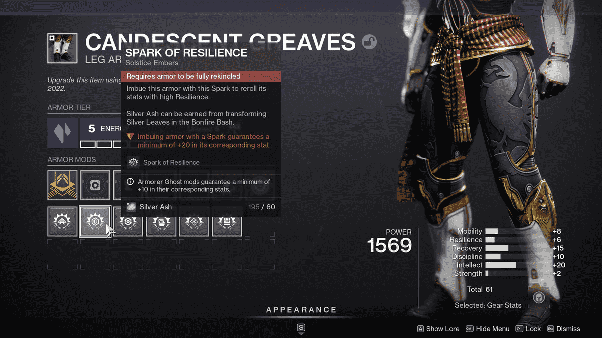 Le curseur survole une étincelle de résilience pour Candescent Graves dans Destiny 2