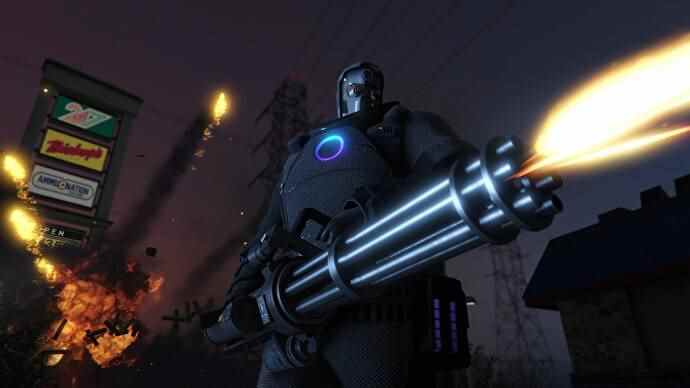Un personnage en armure avec un minigun dans la bande-annonce de GTA Online : The Criminal Enterprises