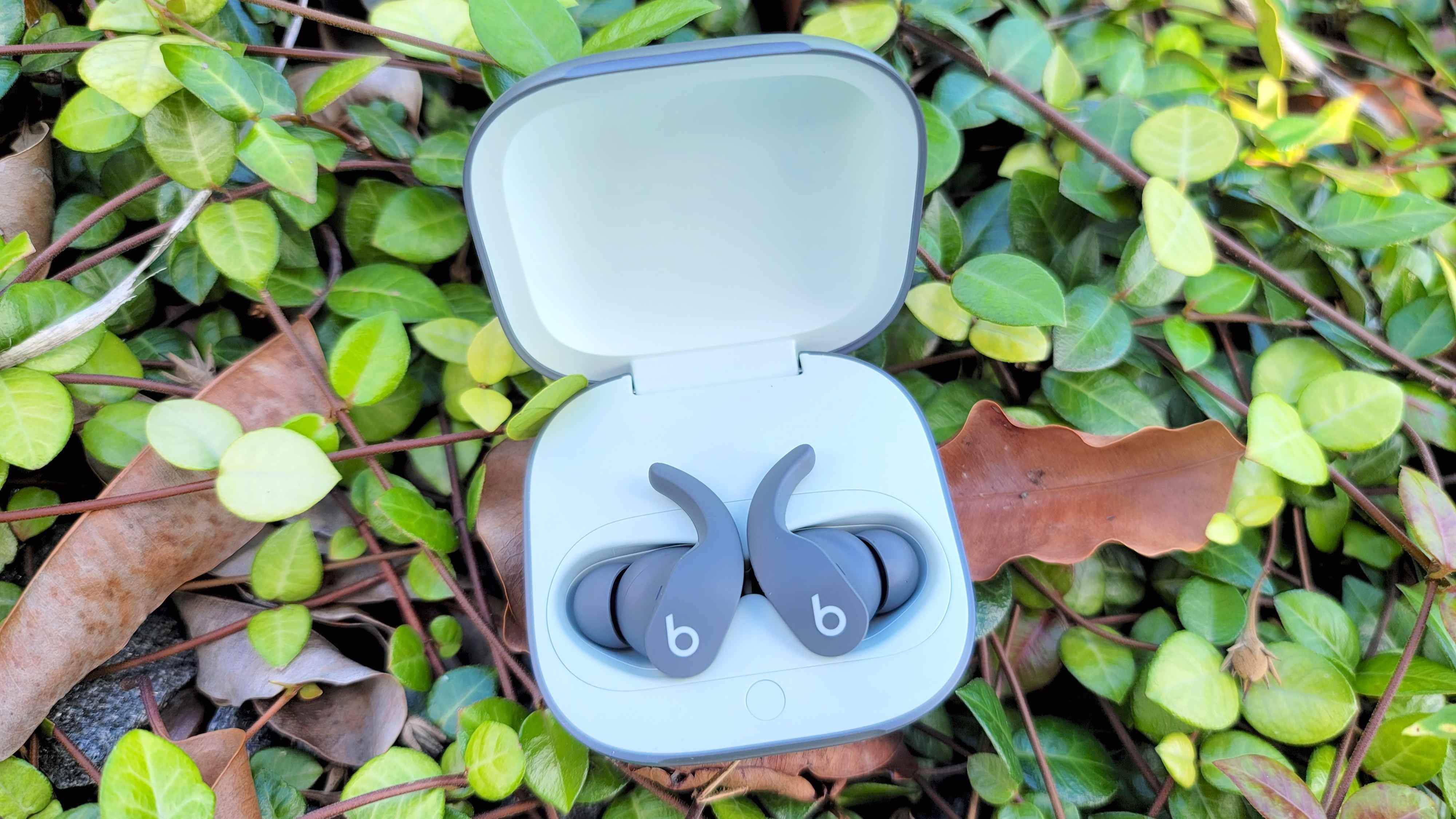 Le Beats Fit Pro sur un lit de feuilles