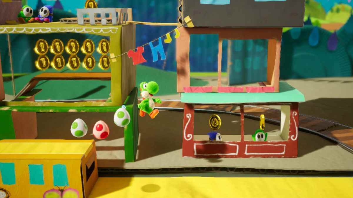 Yoshi's Crafted World - Yoshi saute et laisse tomber des œufs