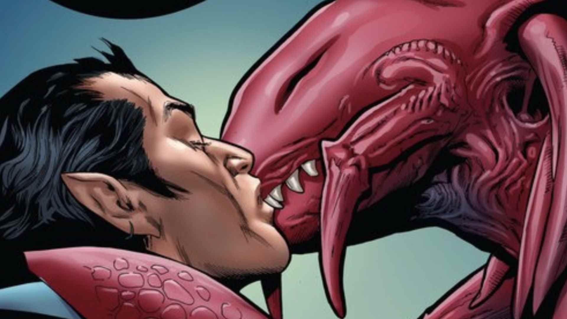 Namor embrassant un monstre marin