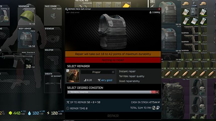 L'interface utilisateur de réparation dans Escape From Tarkov