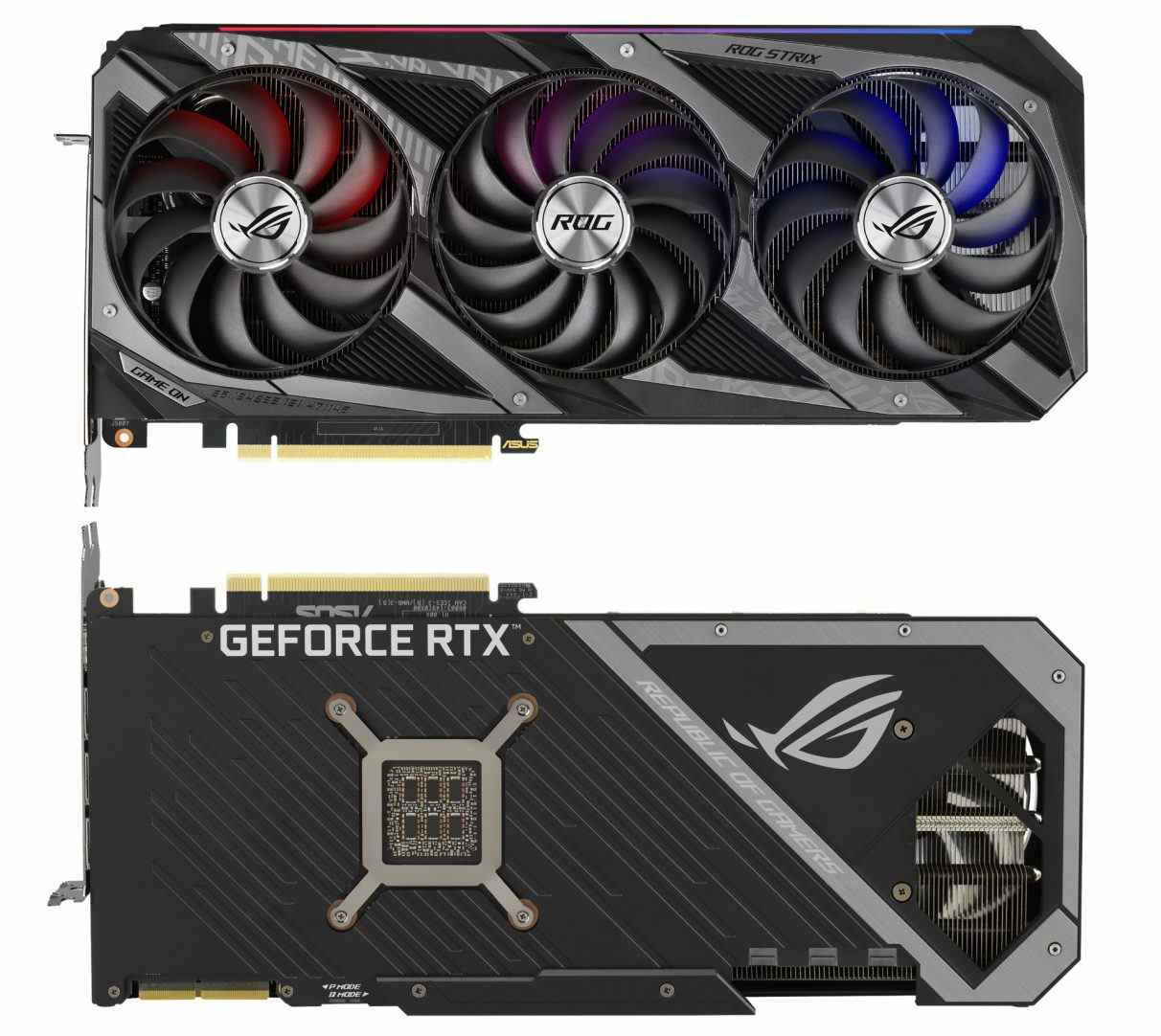 Le ROG Strix GeForce RTX 3090 d'Asus dispose également de trois ventilateurs sur un côté de la carte graphique, et comme le RTX 3080, vous pouvez en voir une petite section visible à l'arrière.