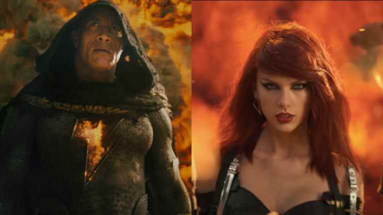 Dwayne Johnson in Black Adam and Taylor Swift in Bad Blood, pictured side-by-side and standing in front of fire.