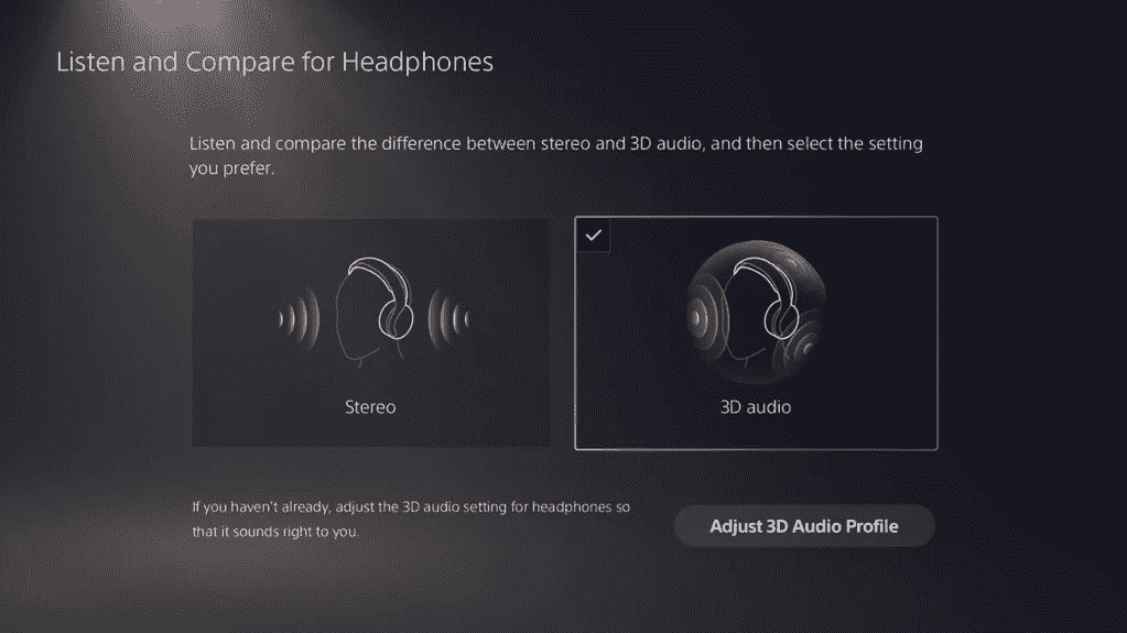 Une capture d'écran du menu système de la PS5, montrant la nouvelle option pour comparer l'audio stéréo et 3D