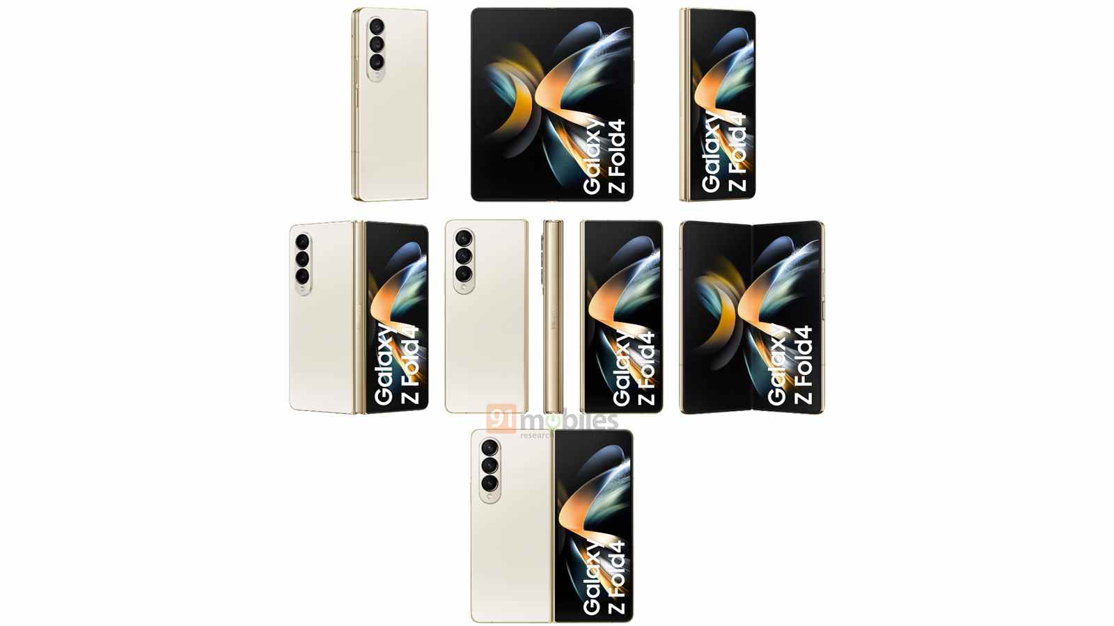 Un rendu montrant plusieurs angles du Galaxy Z Fold 4 en or