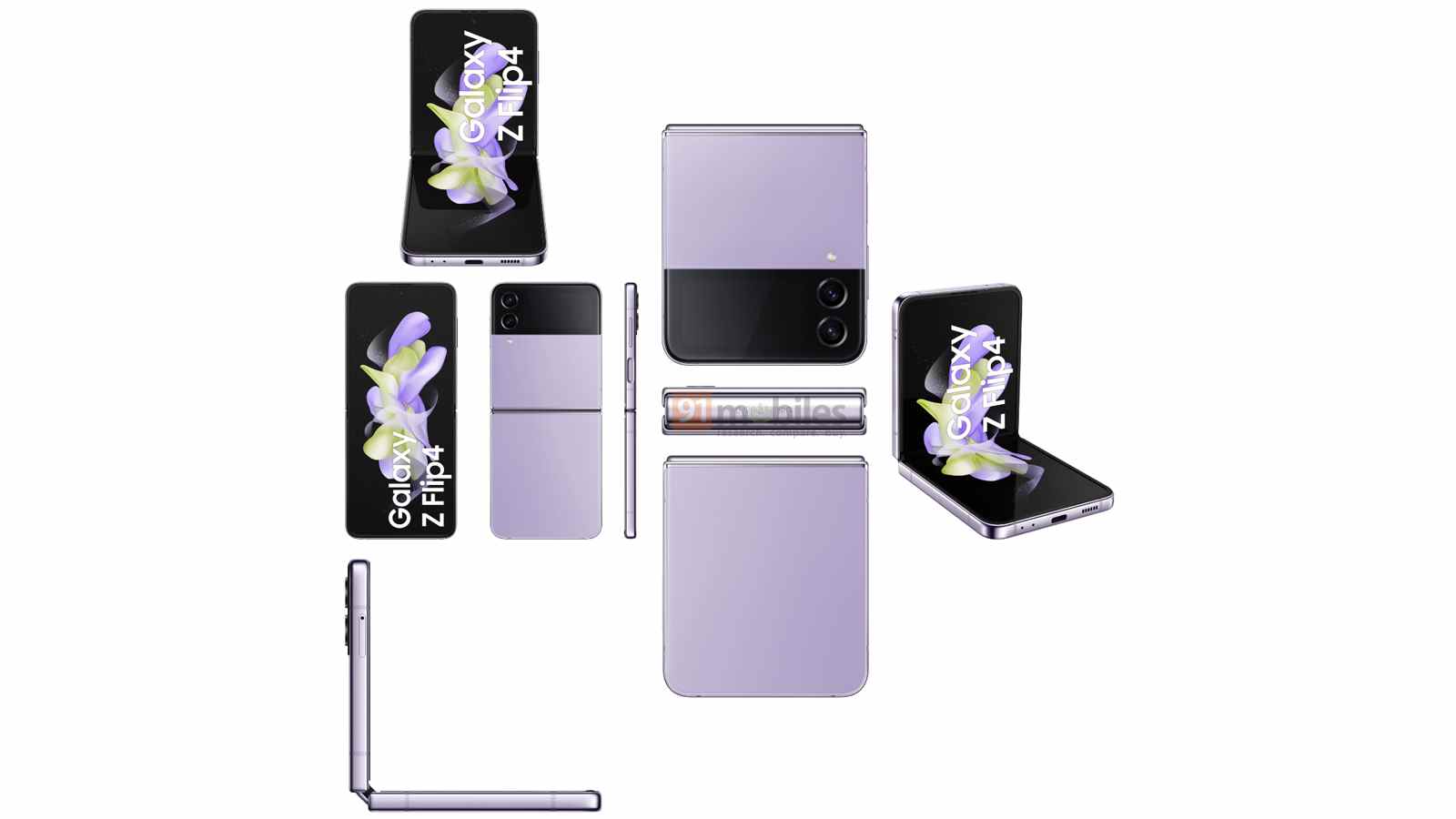 Un rendu montrant plusieurs angles du Galaxy Z Flip 4 en violet