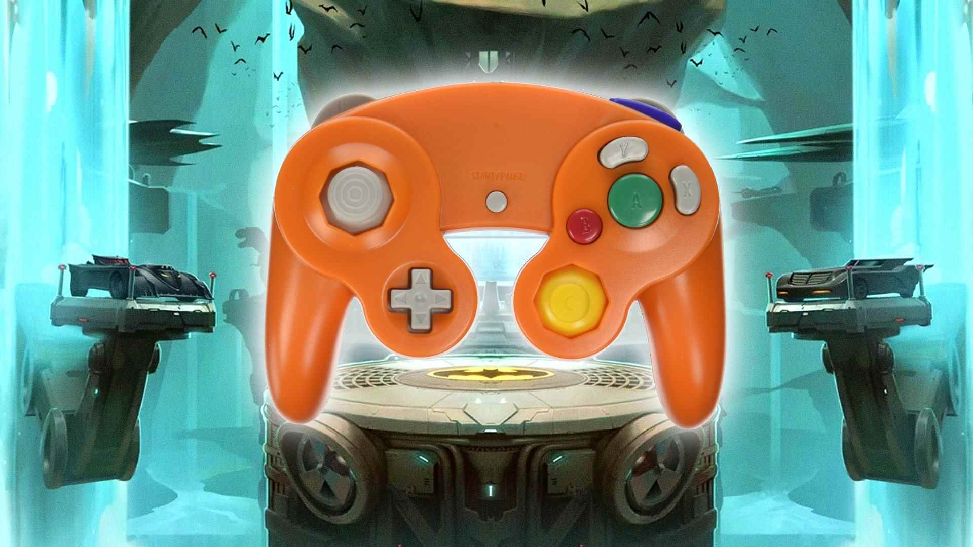 Multiversus : étape Batcave avec contrôleur Gamecube orange brillant au centre