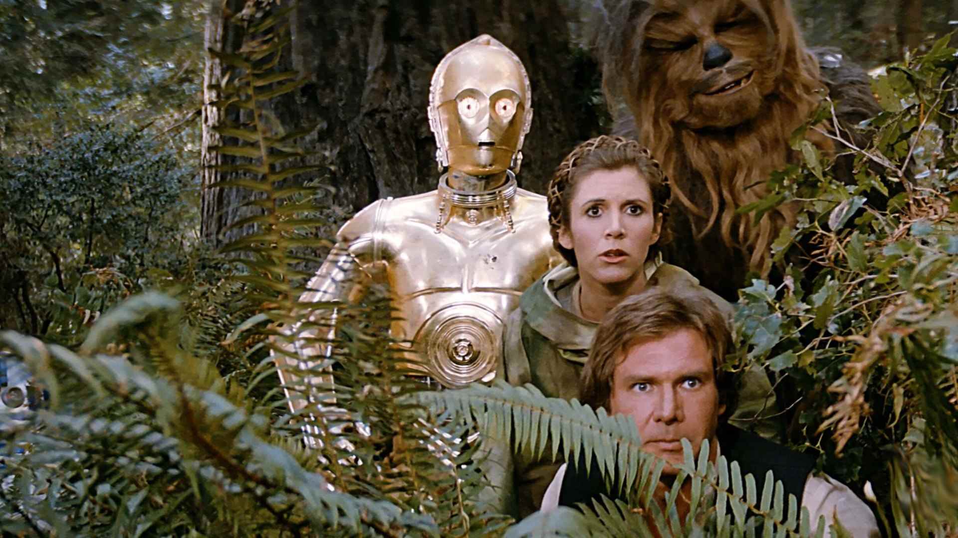 C-3PO, Leia, Han et Chewbacca dans Star Wars : Le Retour du Jedi