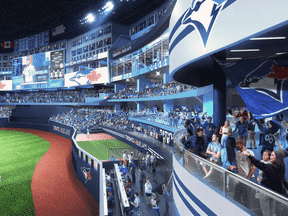 Un rendu des rénovations au Rogers Centre.  Il montre la nouvelle carte vidéo et les nouveaux decks pour les fans dans le champ droit.