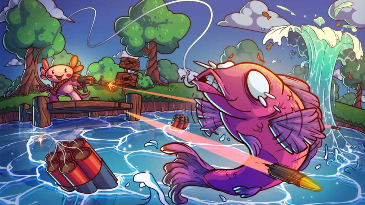 AK-xolotl est un jeu sur un mignon petit axolotl avec une arme à feu et parfois un chapeau
