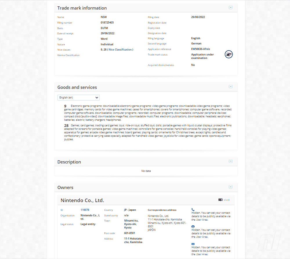 Demande de marque Nintendo NSW