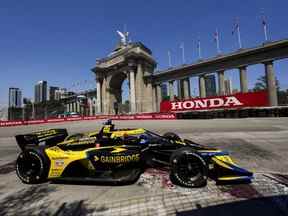 Colton Herta, des États-Unis, conduit lors des qualifications au Honda Indy 2022 de Toronto le 16 juillet 2022. Herta remportera ensuite la pole position pour la course.