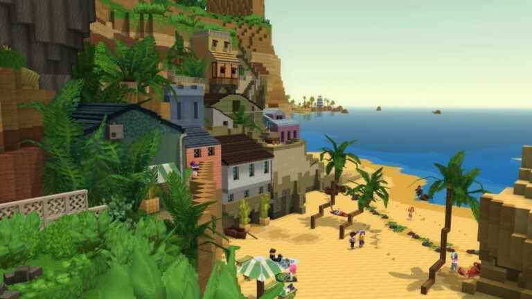 A blocky oceanside town in the game Hytale.